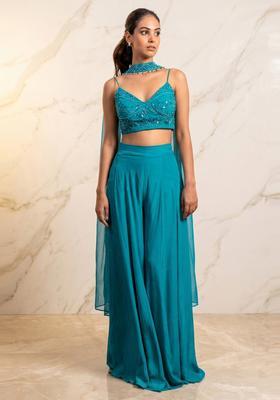 Teal Blue Embroidered Handwork Fusion Set