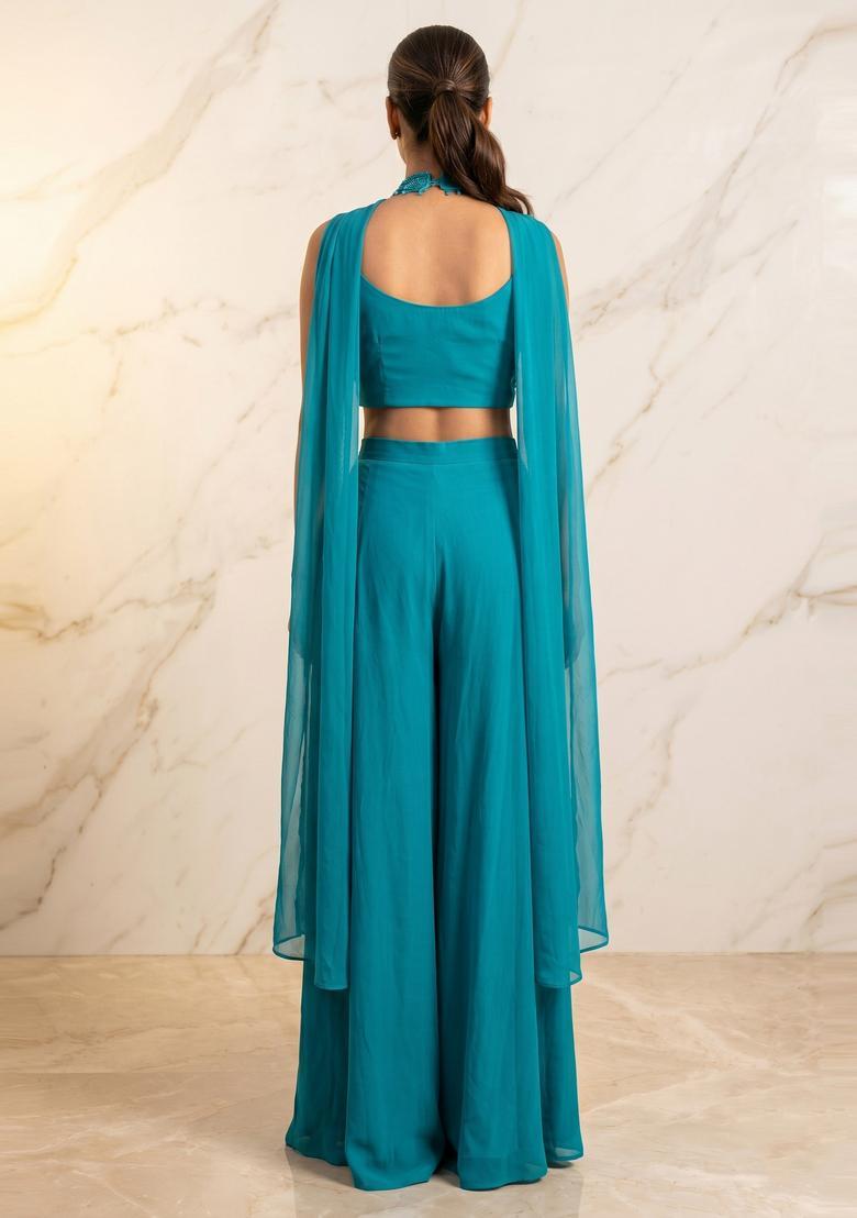 Teal Blue Embroidered Handwork Fusion Set - Indya