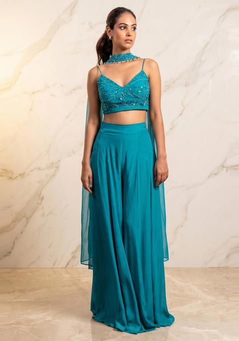 Teal Blue Embroidered Handwork Fusion Set