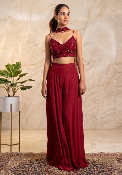 Maroon Embroidered Handwork Fusion Set