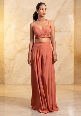 Peach Embroidered Handwork Fusion Set