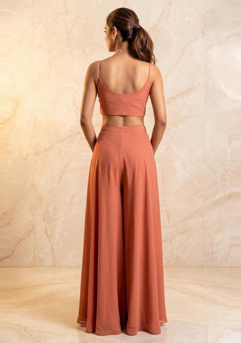 Peach Embroidered Handwork Fusion Set - Indya