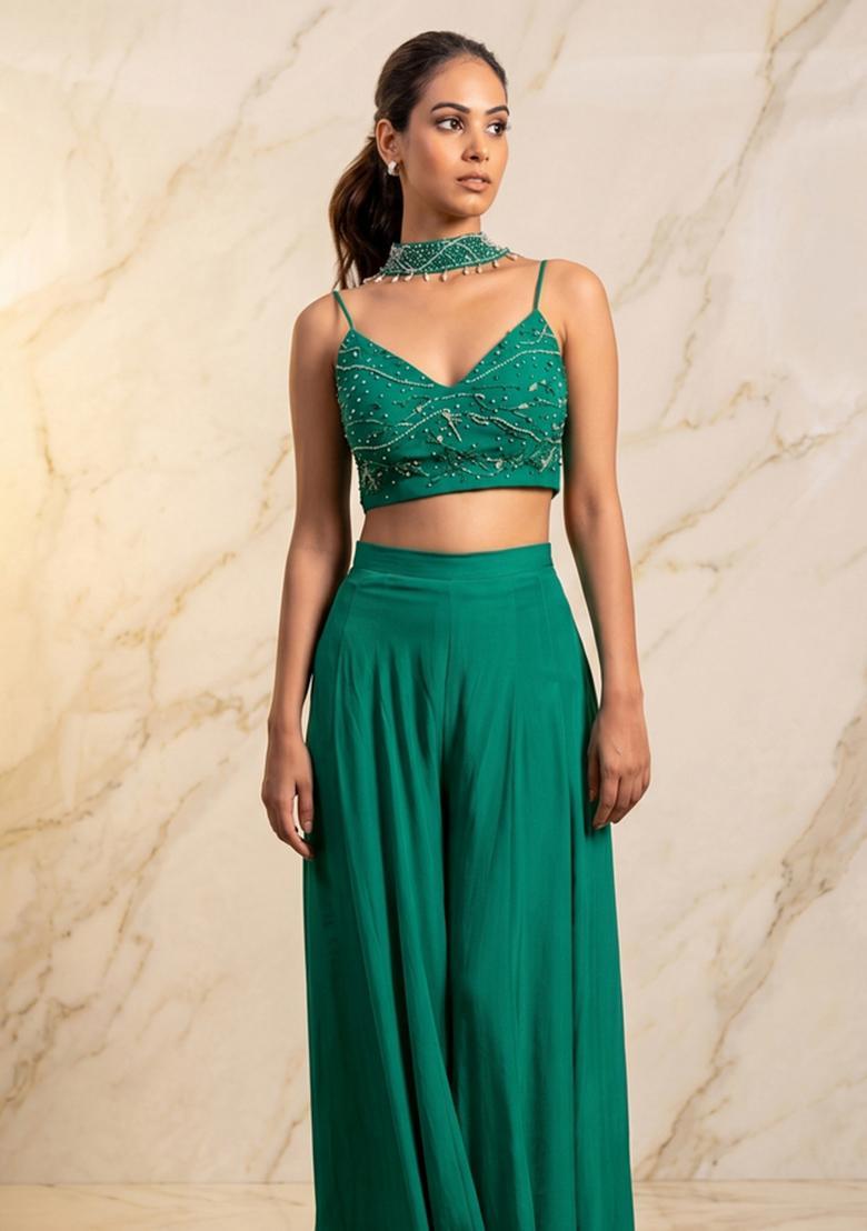 Emerald Green Embroidered Handwork Fusion Set - Indya