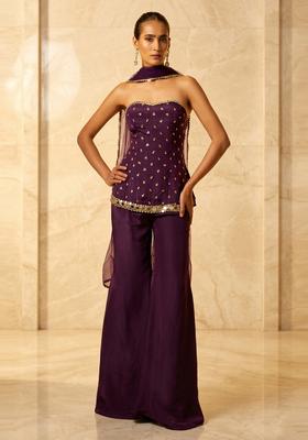 Deep Plum Embroidered Handwork Fusion Set