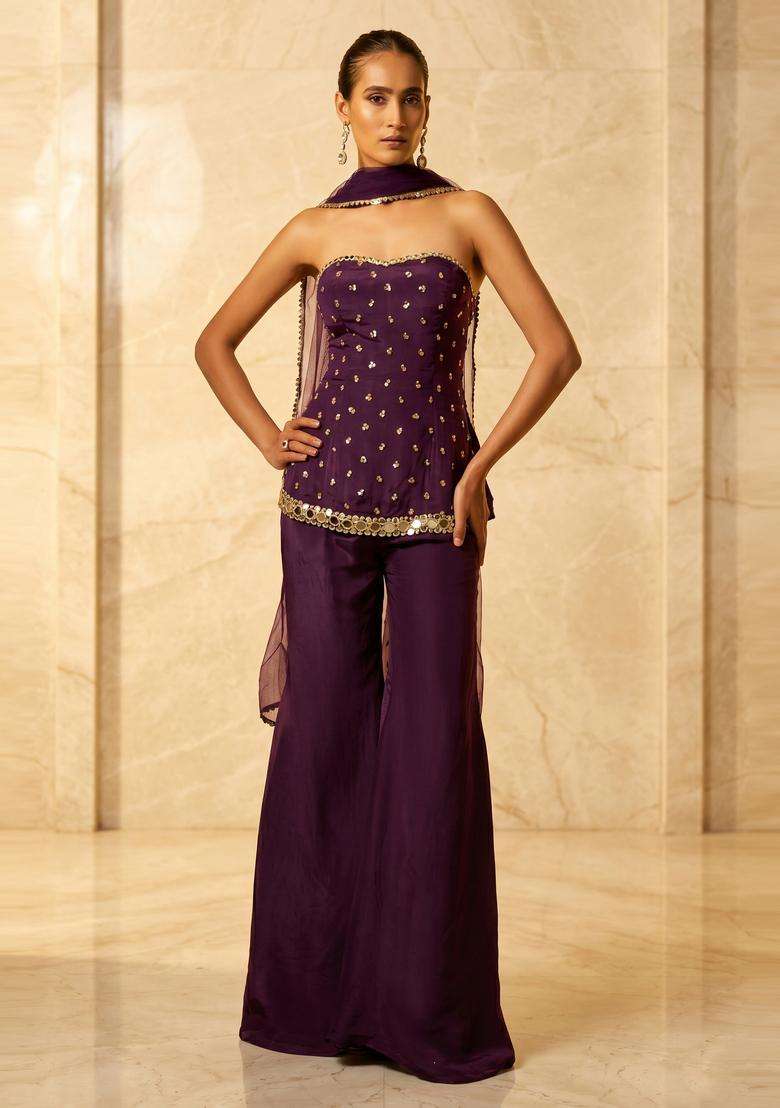 Deep Plum Embroidered Handwork Fusion Set - Indya