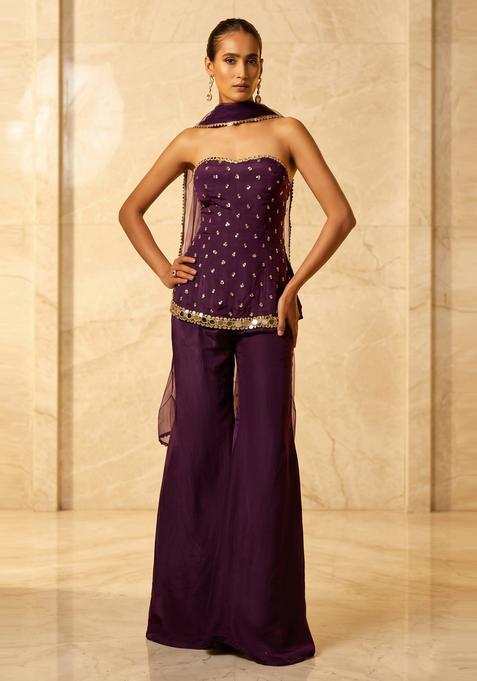Deep Plum Embroidered Handwork Fusion Set