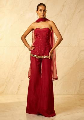 Red Embroidered Handwork Fusion Set