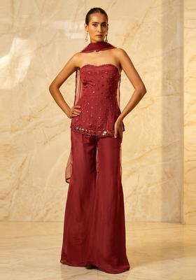 Maroon Embroidered Handwork Fusion Set