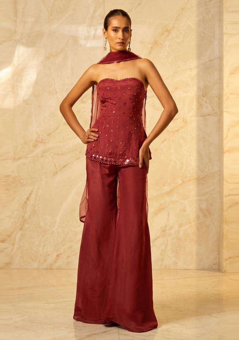 Maroon Embroidered Handwork Fusion Set - Indya