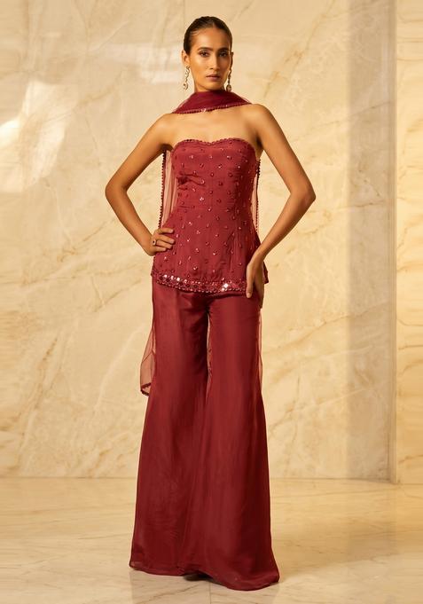 Maroon Embroidered Handwork Fusion Set