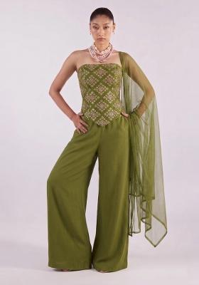 Olive Green Embroidered Crepe Fusion Set