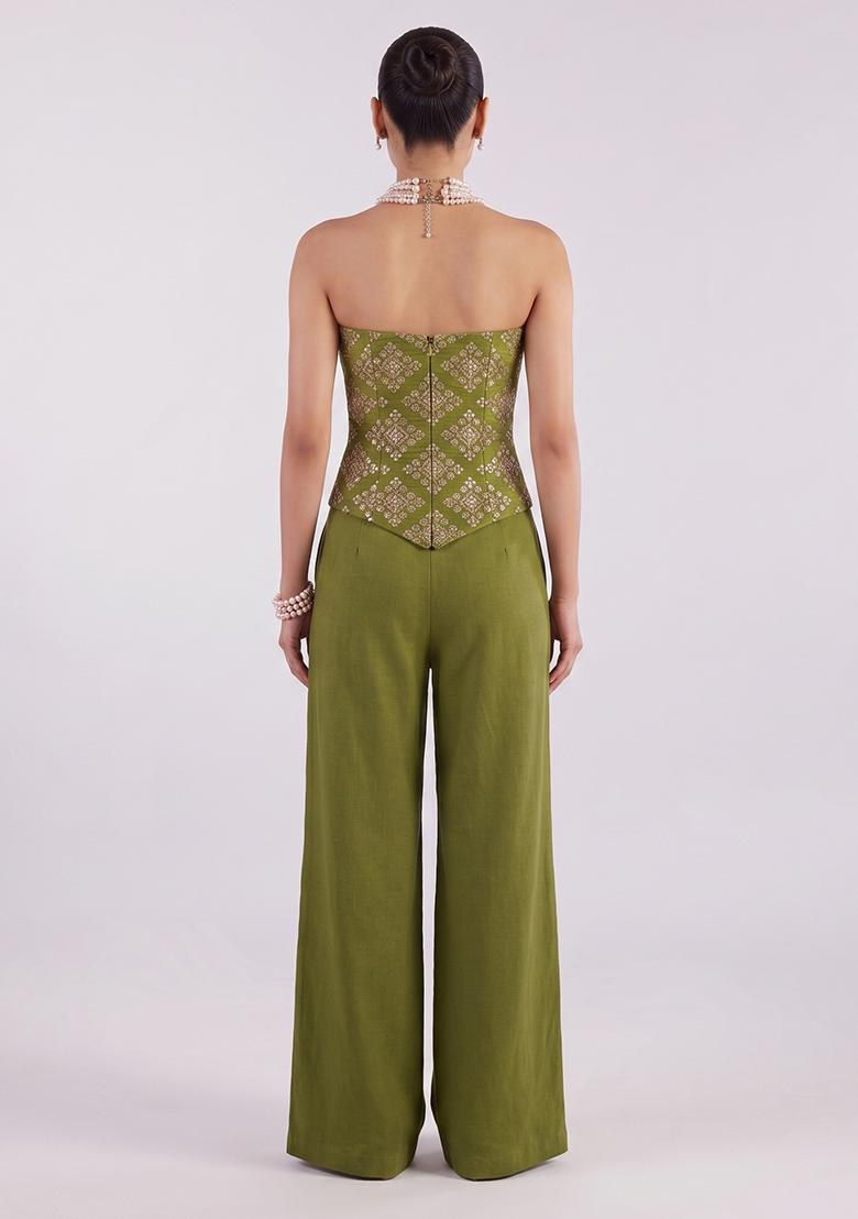 Olive Green Embroidered Crepe Fusion Set - Indya