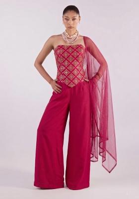 Pink Embroidered Crepe Fusion Set