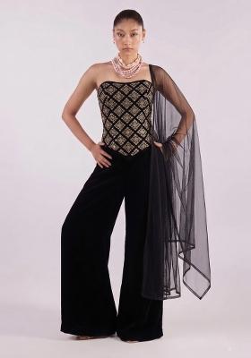 Black Embroidered Crepe Fusion Set