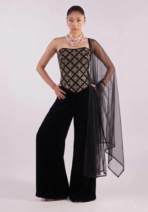 Black Embroidered Crepe Fusion Set