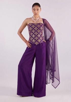 Purple Embroidered Crepe Fusion Set
