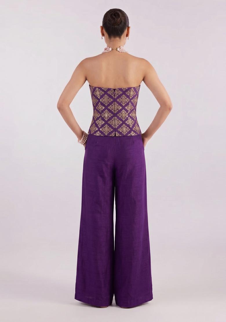 Purple Embroidered Crepe Fusion Set - Indya
