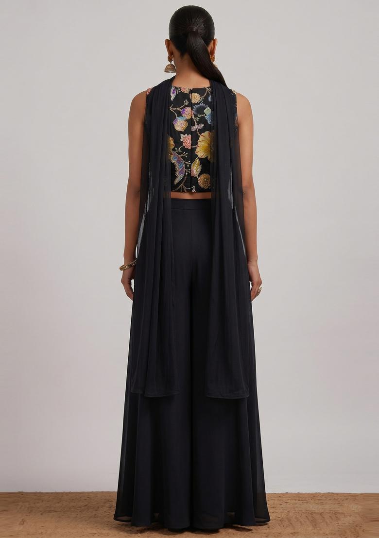 Black Printed Organza Fusion Set - Indya
