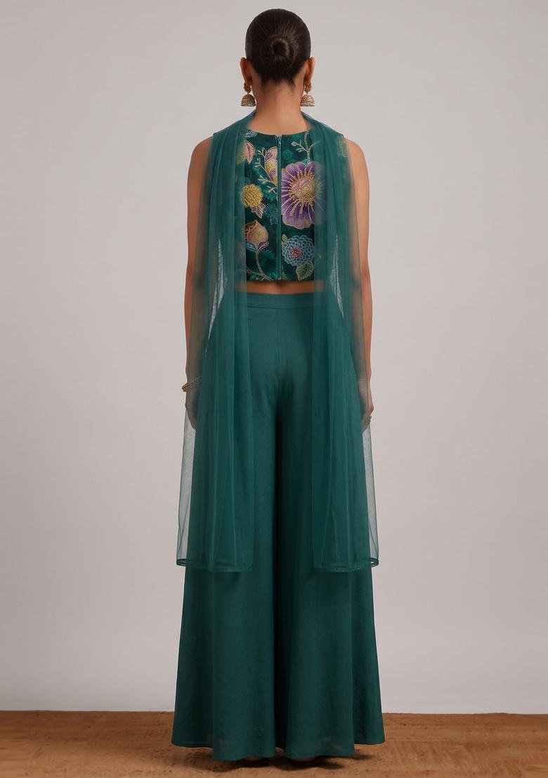 Emerald Green Printed Organza Fusion Set - Indya