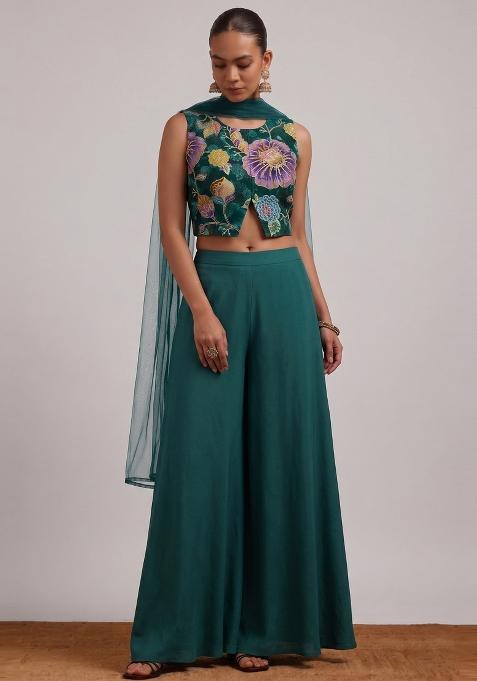Emerald Green Printed Organza Fusion Set