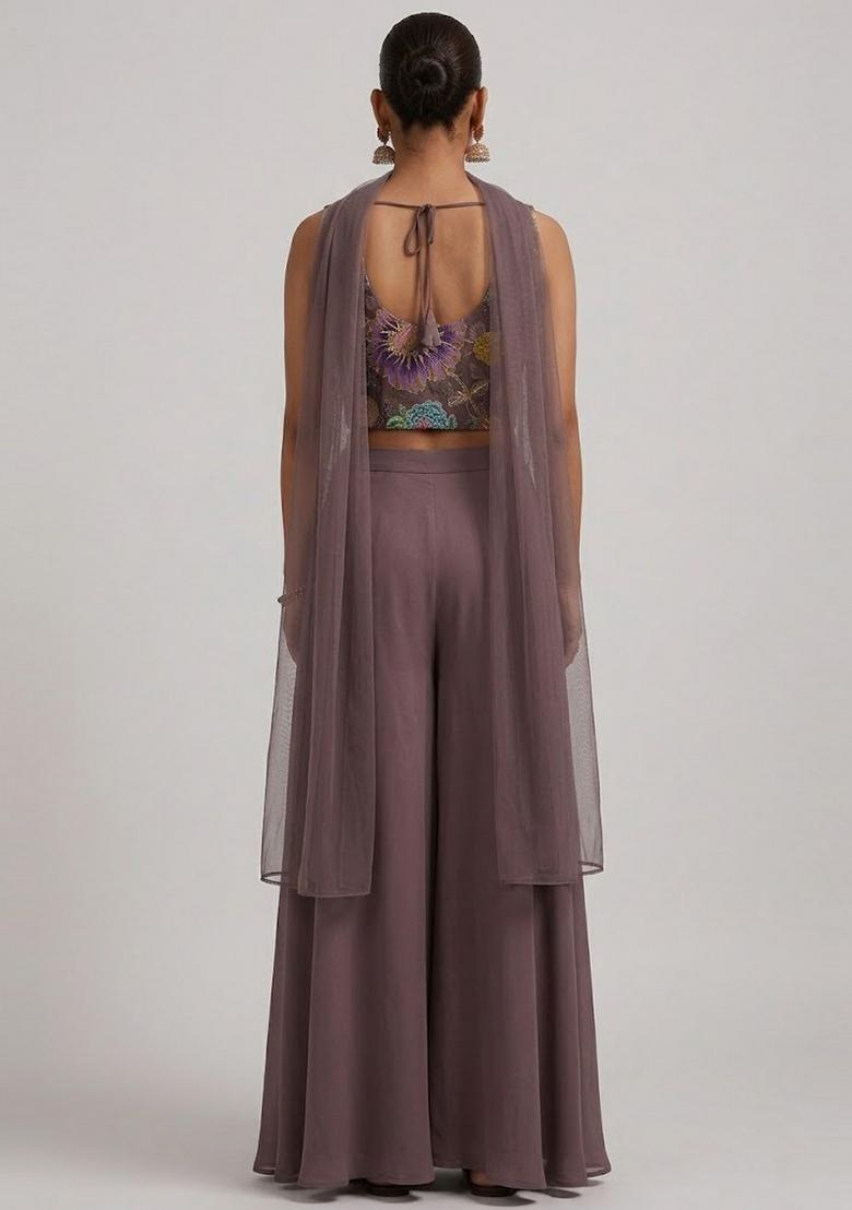 Mauve Printed Organza Fusion Set - Indya