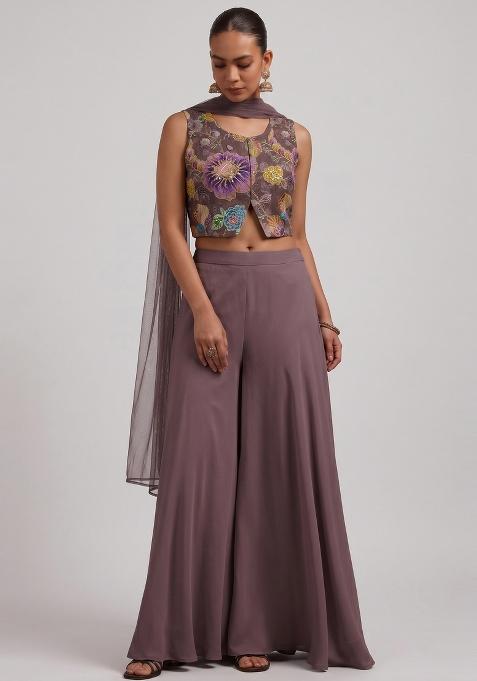 Mauve Printed Organza Fusion Set