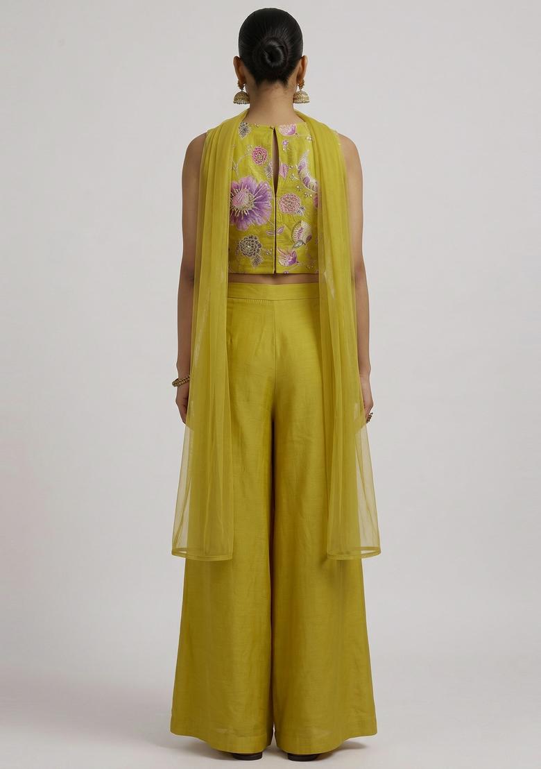 Lime Green Printed Organza Fusion Set - Indya