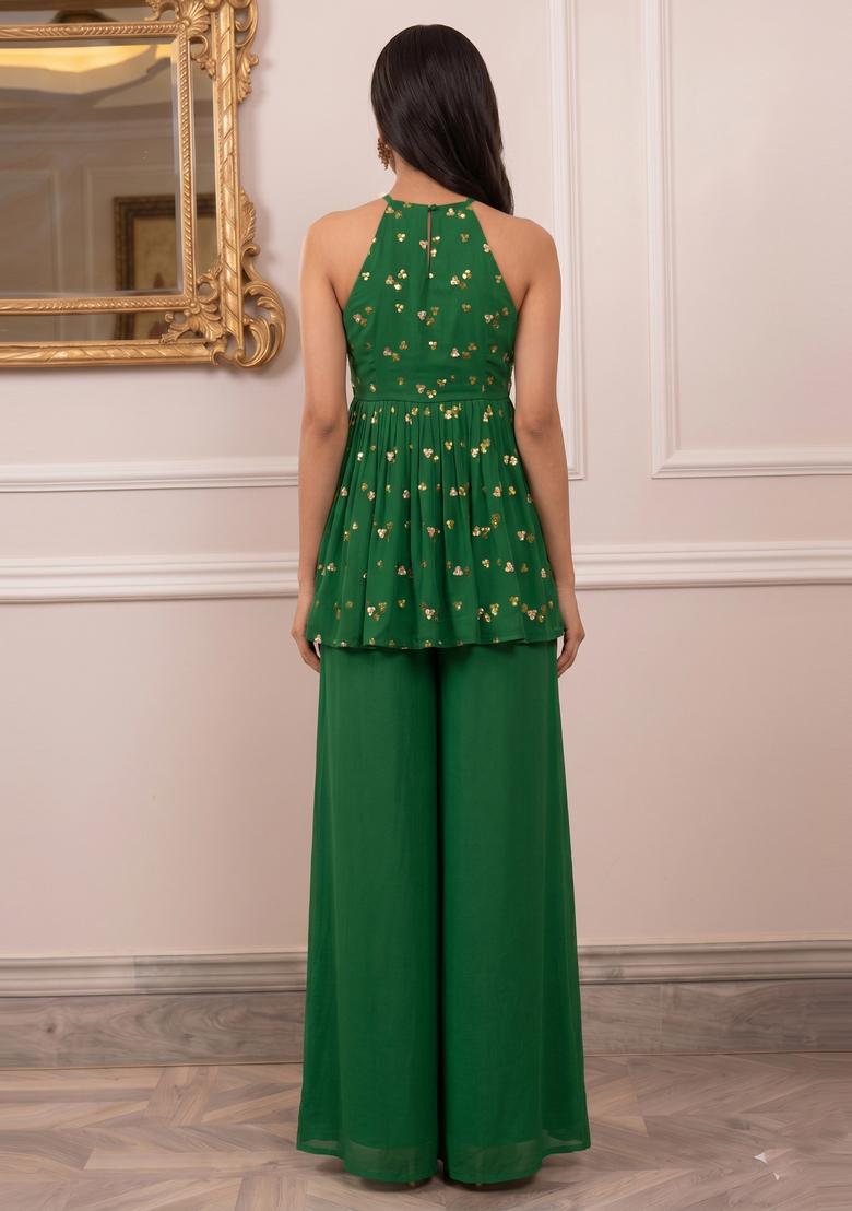 Emerald Green Embroidered Georgette Fusion Set - Indya