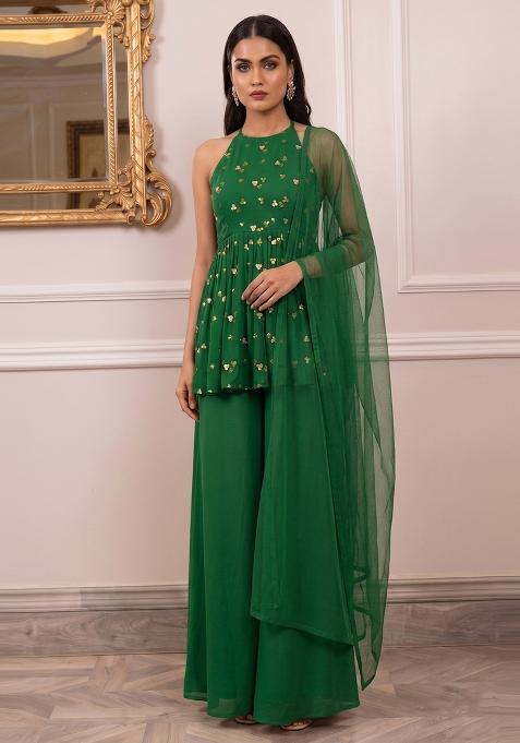 Emerald Green Embroidered Georgette Fusion Set