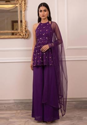 Deep Purple Embroidered Georgette Fusion Set