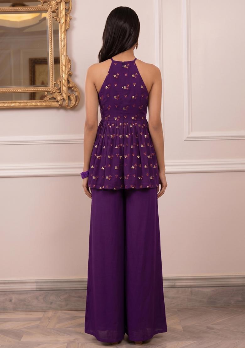 Deep Purple Embroidered Georgette Fusion Set - Indya
