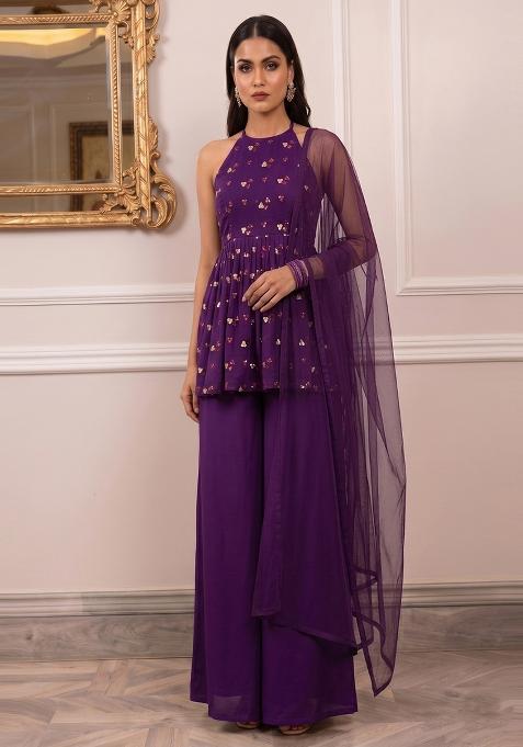 Deep Purple Embroidered Georgette Fusion Set