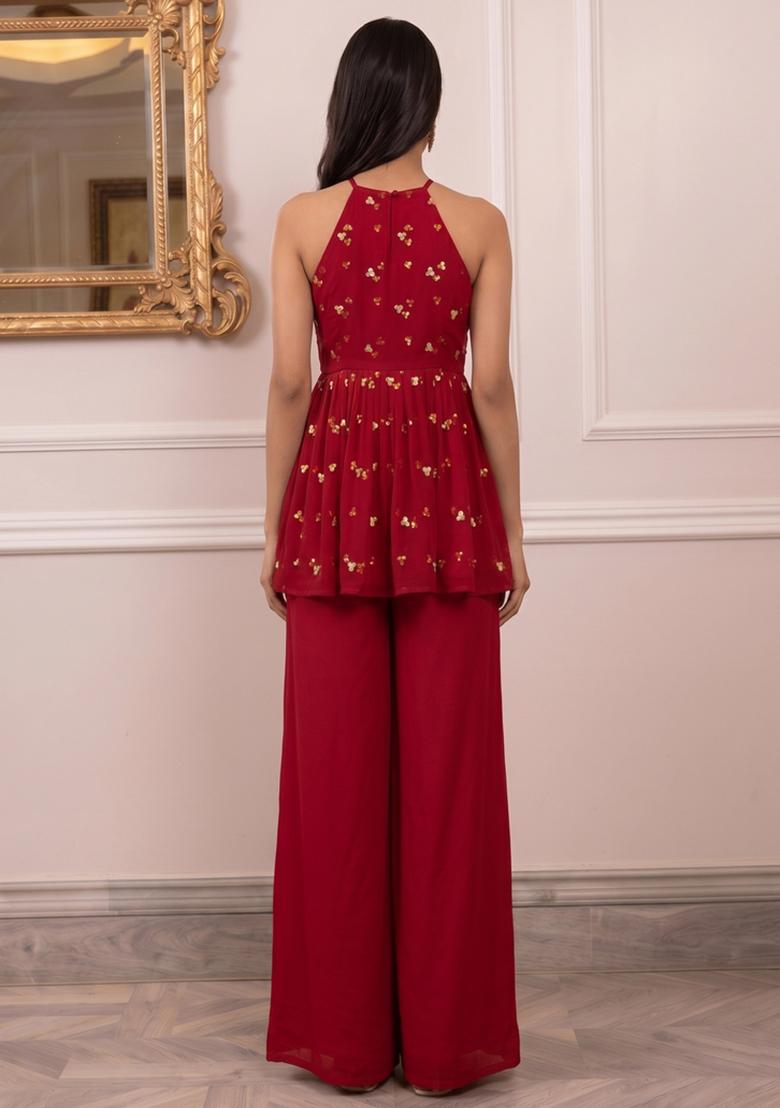 Maroon Embroidered Georgette Fusion Set - Indya