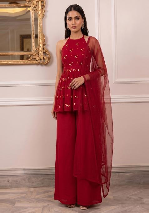 Maroon Embroidered Georgette Fusion Set