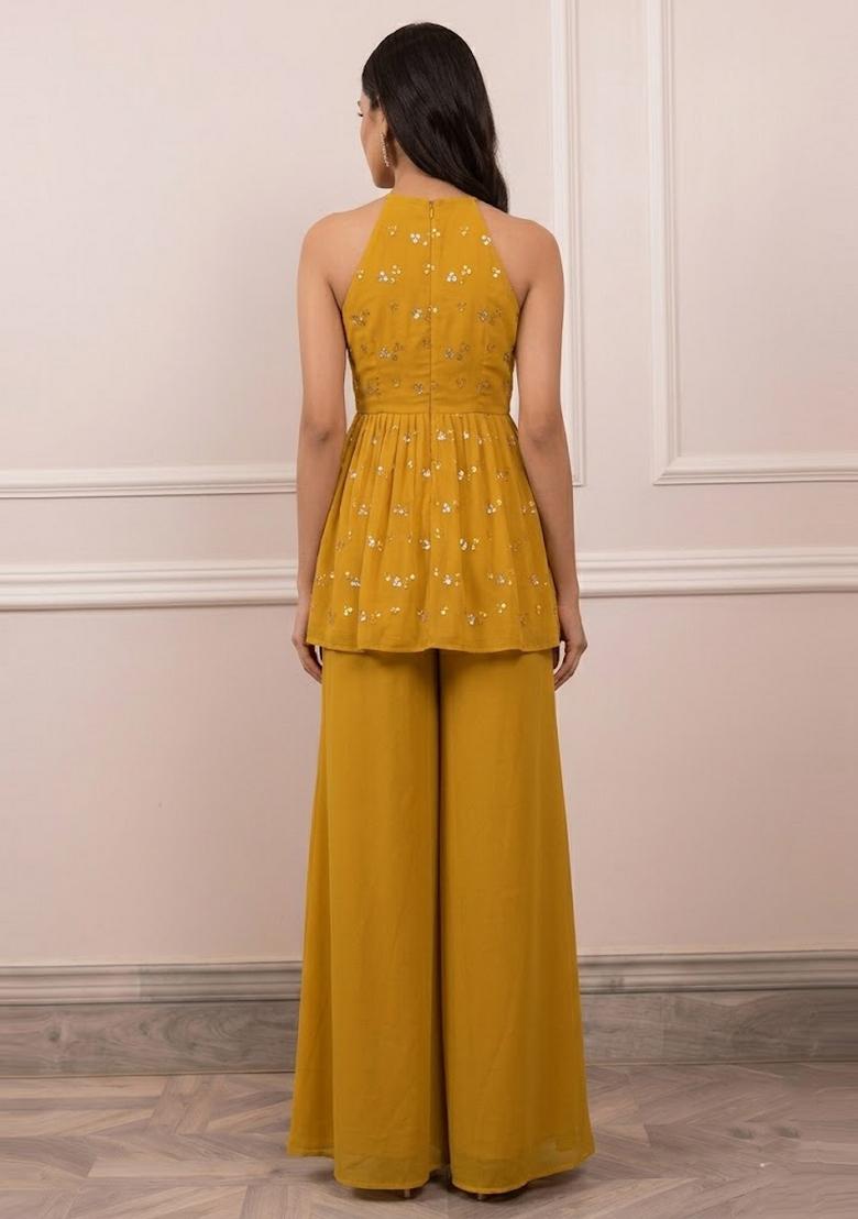 Mustard Embroidered Georgette Fusion Set - Indya