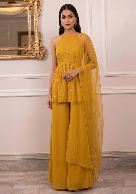 Mustard Embroidered Georgette Fusion Set