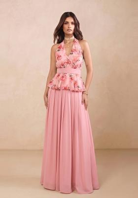Pastel Pink Printed Chiffon Lehenga Set
