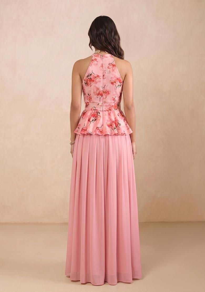 Pastel Pink Printed Chiffon Lehenga Set - Indya