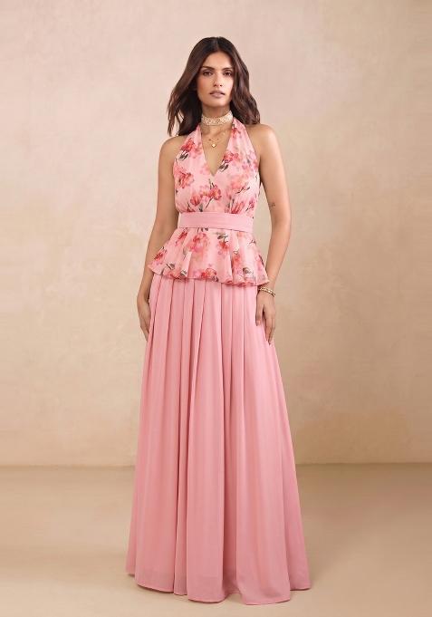 Pastel Pink Printed Chiffon Lehenga Set