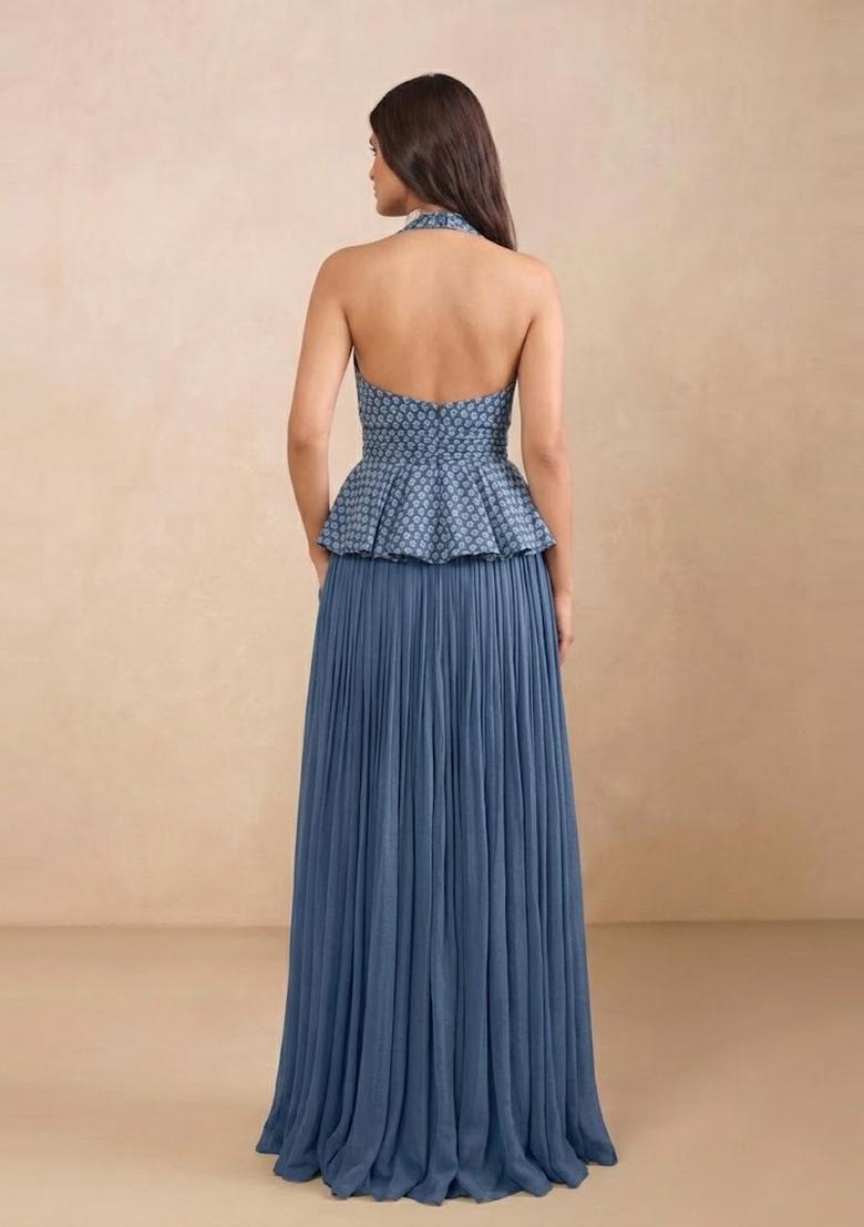 Dusty Blue Printed Chiffon Lehenga Set - Indya