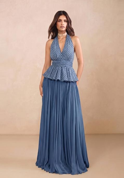 Dusty Blue Printed Chiffon Lehenga Set