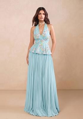 Sky Blue Printed Chiffon Lehenga Set
