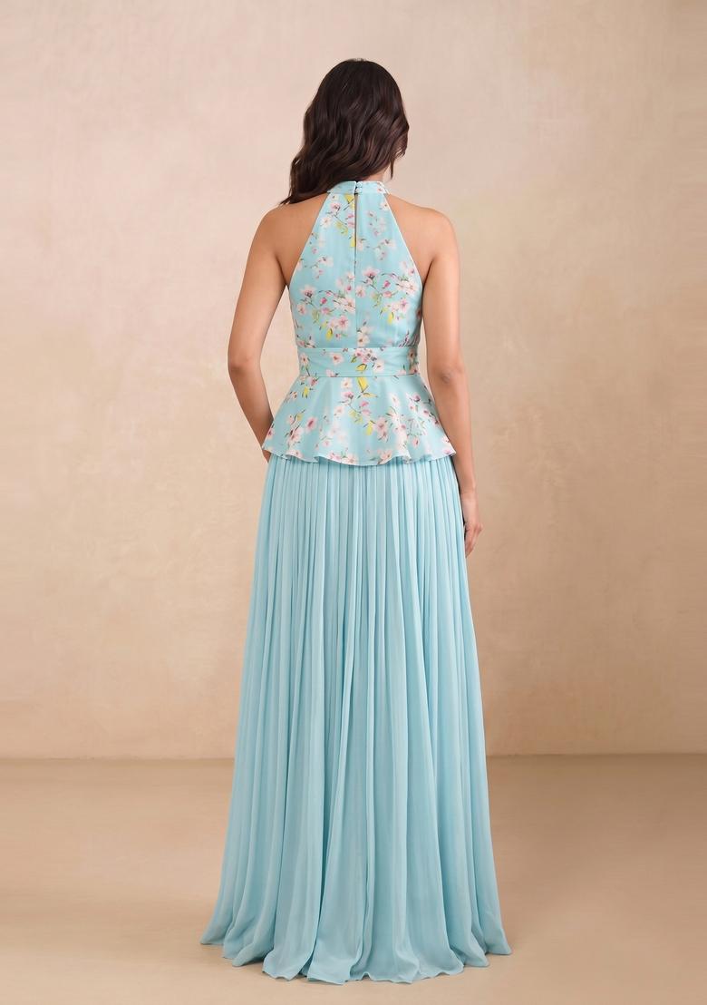 Sky Blue Printed Chiffon Lehenga Set - Indya