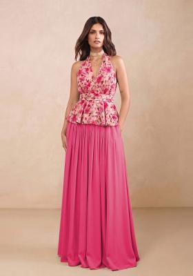 Beige Printed Chiffon Lehenga Set