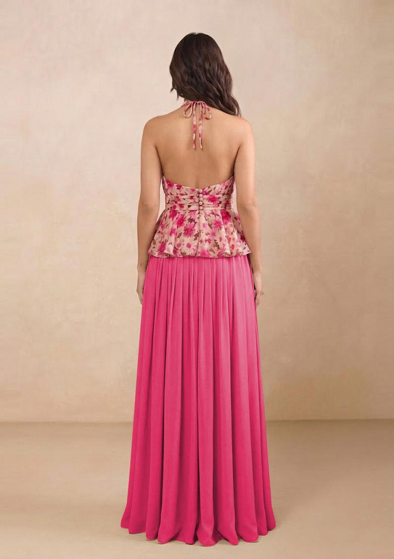 Beige Printed Chiffon Lehenga Set - Indya