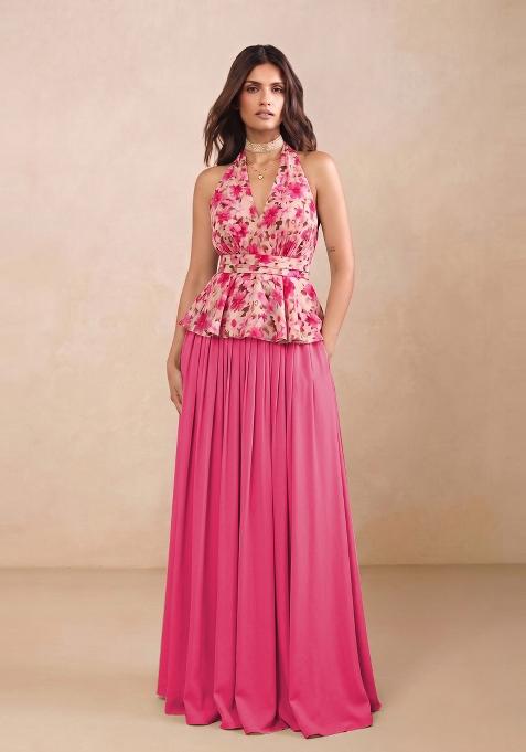 Beige Printed Chiffon Lehenga Set