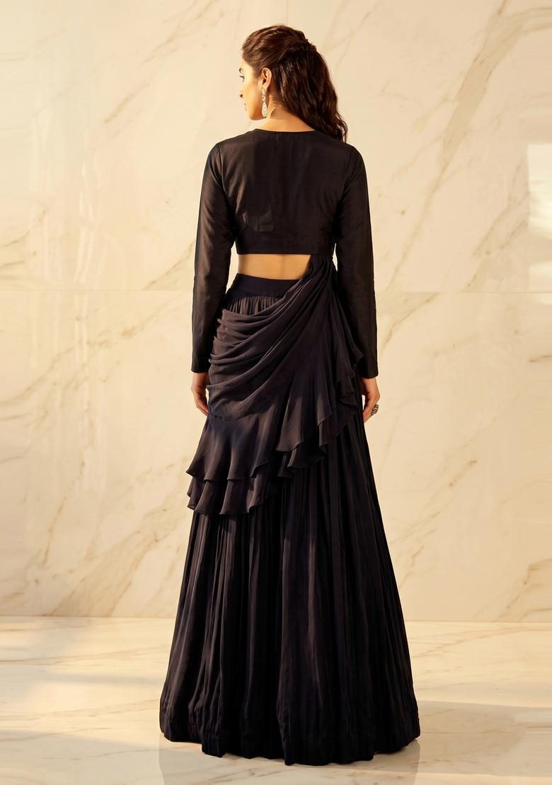 Charcoal Black Embroidered Handwork Pre Draped Saree Set - Indya
