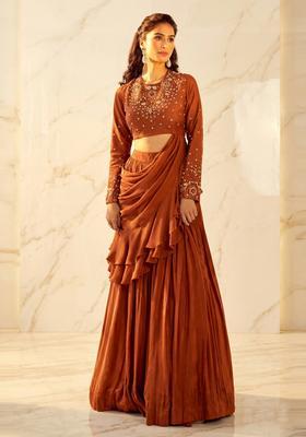 Rust Embroidered Handwork Pre Draped Saree Set