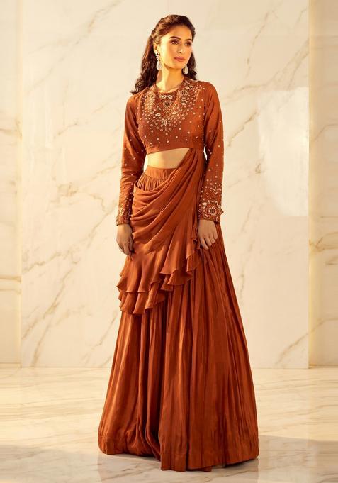 Rust Embroidered Handwork Pre Draped Saree Set