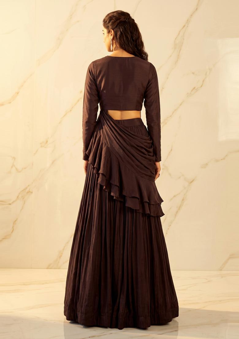Dark Brown Embroidered Handwork Pre Draped Saree Set - Indya
